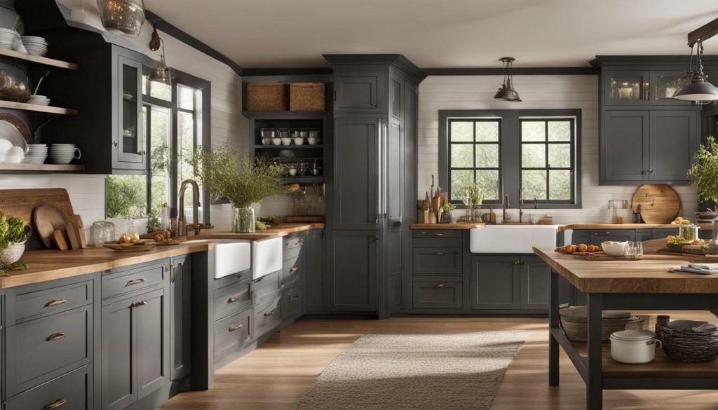 dark grey cabinets in a farmhouse-style kitchen
